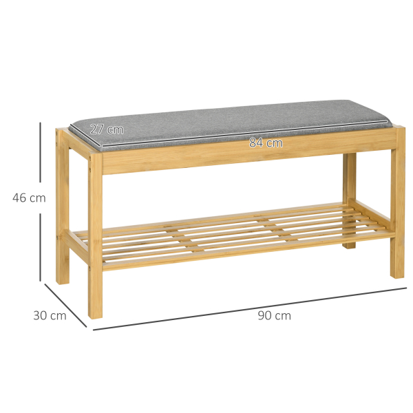 HOMCOM Banco Sapateira de Bambu com Assento Estofado para 3 Pares de Sapatos e Prateleira de 90x30x46 cm Madeira - Image 3