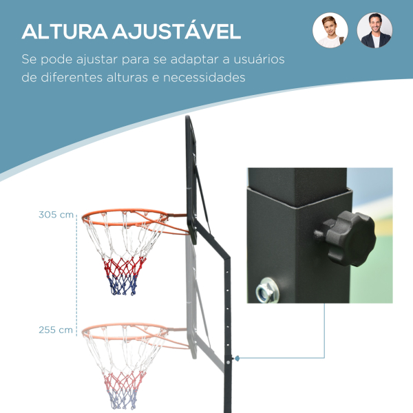 HOMCOM Tabela de Basquetebol Portátil Ajustável em Altura com Base Recarregável para Crianças e Adultos 86x165x302-352 cm Preto - Image 4