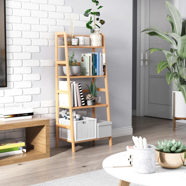 HOMCOM Estante de Bambu com 4 Prateleiras Estante em Forma de Escada para Sala de Estar Escritório 48x31,5x120 cm Madeira - Image 2
