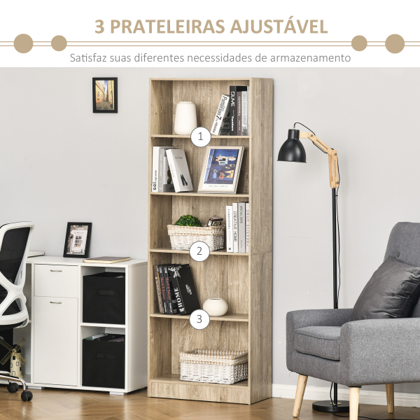 HOMCOM Estante para Livros de 5 Níveis com Prateleira Ajustável e Desenho Anti-Tombo Estante de Armazenamento 63x29,5x176 cm Madeira - Image 4
