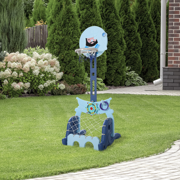HOMCOM Tabela de Basquetebol 4 em 1 com Altura Ajustável para Crianças acima de 3 Anos Centro de Atividades 58x56x154cm Azul - Image 3