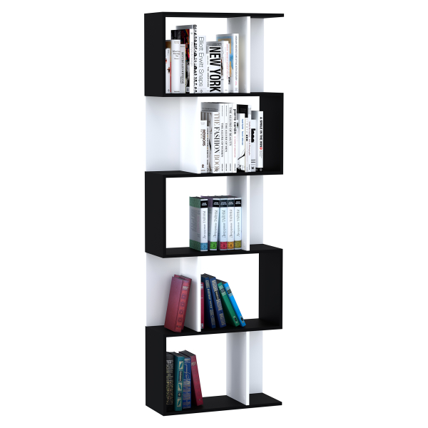 HOMCOM Estante para Livros Estante Alta de Parede com 5 Níveis em Forma de S Desenho Moderno 60x24x184,5 cm Branco e Preto - Image 4