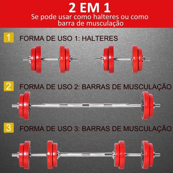 HOMCOM Conjunto de Halteres 20kg Ajustáveis 2 em 1 com 8 Discos 2 Barras e Extensor Ajustável para Treinamento de Força Levantamento de Pesos para Casa Academia Preto e Vermelho - Image 4
