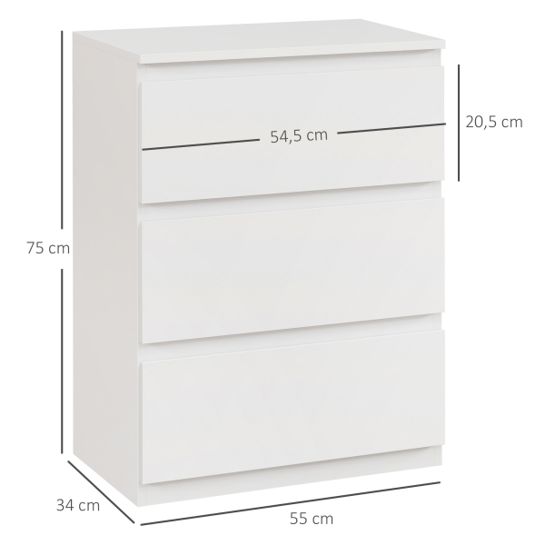 HOMCOM Cómoda com 3 Gavetas de Madeira Cómoda de Dormitório Cómoda Branca Estilo Moderno 55x34x75 cm Branco Brilhante - Image 3