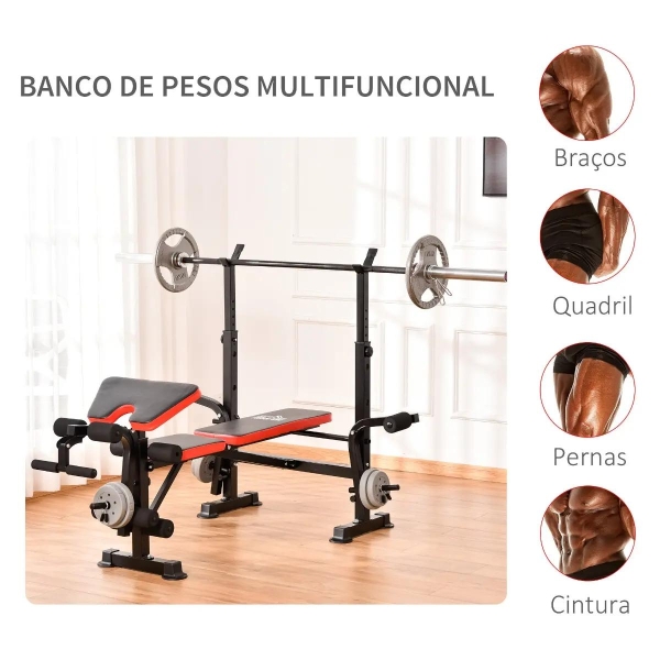 HOMCOM Banco de Pesos Multifuncional Banco de Musculação com Encosto Ajustável Suporte de Barras para Fitness Treinamento Completo 175x139x127cm Preto - Image 4