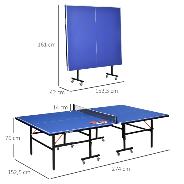 SPORTNOW Mesa de Ping Pong Dobrável com Rodas para Interior e Exterior Tamanho Padrão com Rede Raquetes e Bolas 274x152,5x76 cm Azul - Image 3