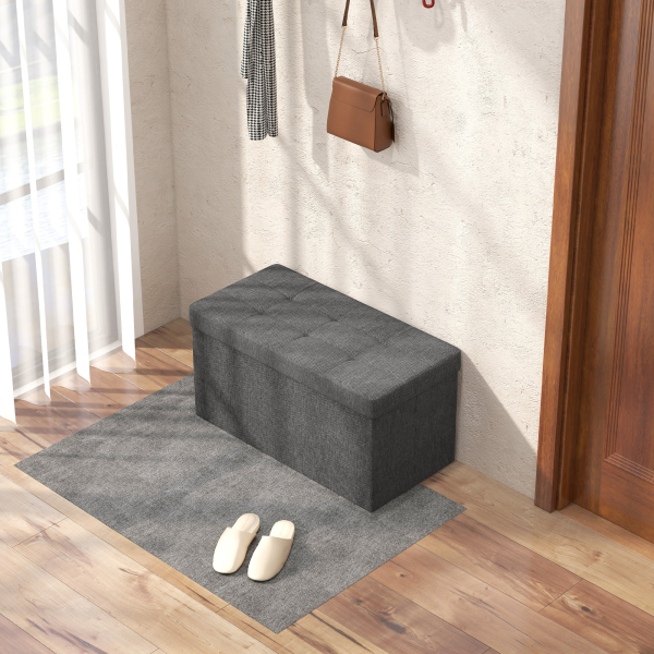 HOMCOM Baú de Armazenamento para Dormitório 84L Puff de Armazenamento Dobrável Estofado em Linho Sintético 76x38x38 cm Cinza Escuro - Image 2