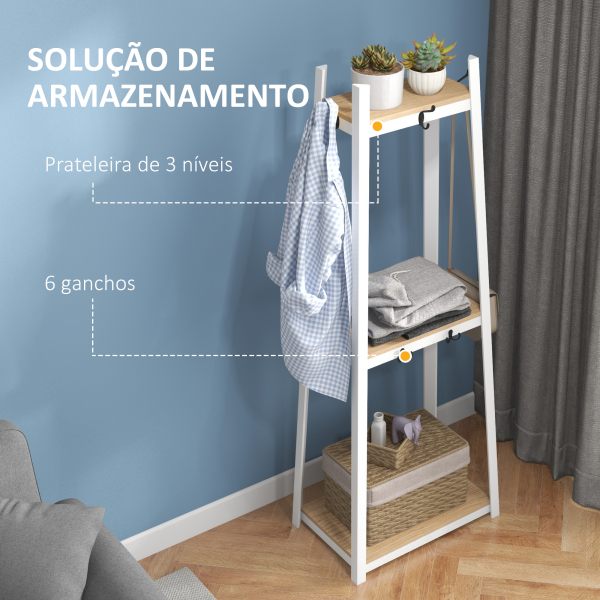HOMCOM Suporte para Cabides de 3 Níveis Suporte para Cabides com 6 Ganchos e Prateleiras para Entrada Corredor 61x41x165 cm Natural - Image 4