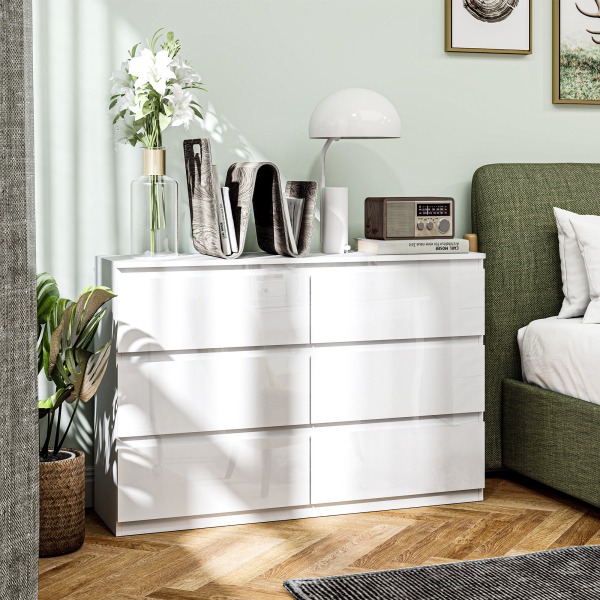 HOMCOM Cómoda com 6 Gavetas de Madeira Cómoda de Dormitório Cómoda Branca Estilo Moderno 112x34x75 cm Branco Brilhante - Image 2