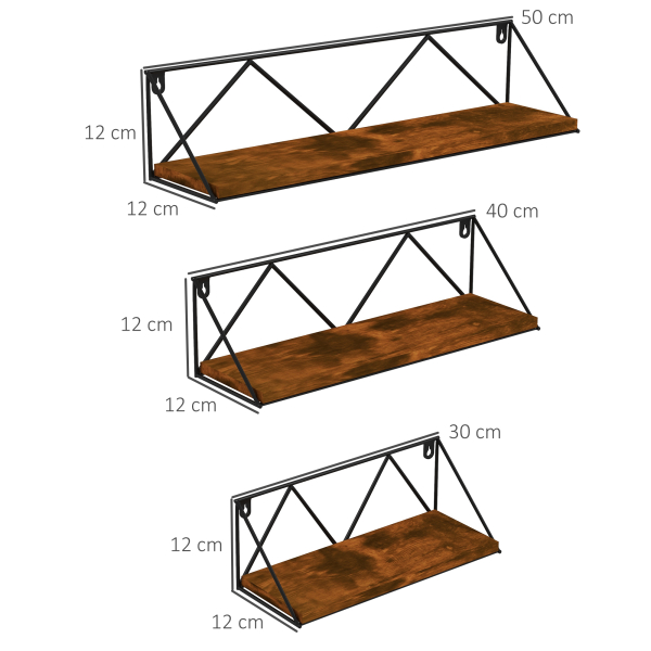 HOMCOM Conjunto de 3 Prateleiras de Parede Industrial Prateleiras Suspensas 30x12x12 cm 40x12x12 e cm 50x12x12 cm Madeira e Preto - Image 3