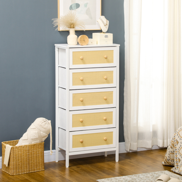 HOMCOM Cómoda Estilo Bohemio com 5 Gavetas de Tecido Dobráveis Superfície de Vime PE e Estrutura de Aço 62x30x126,5 cm Branco - Image 2