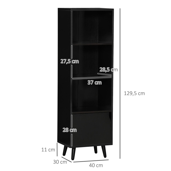 HOMCOM Estante com 3 Prateleiras Abertas e 1 Fechada com Porta Estante de Estilo Moderno para Armazenamento de Livros Brinquedos Plantas 40x30x129,5cm Preto - Image 3