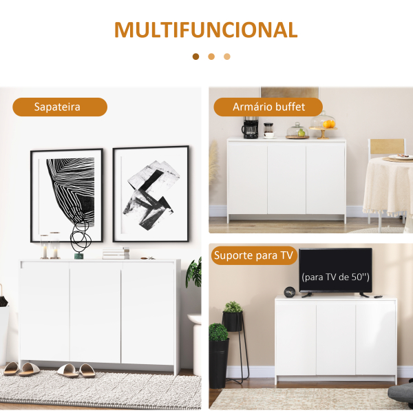HOMCOM Móvel Aparador com 3 Portas Prateleiras Ajustáveis ​​e Suporte com Fecho Suave para Televisores 120x35x85 cm Branco - Image 4