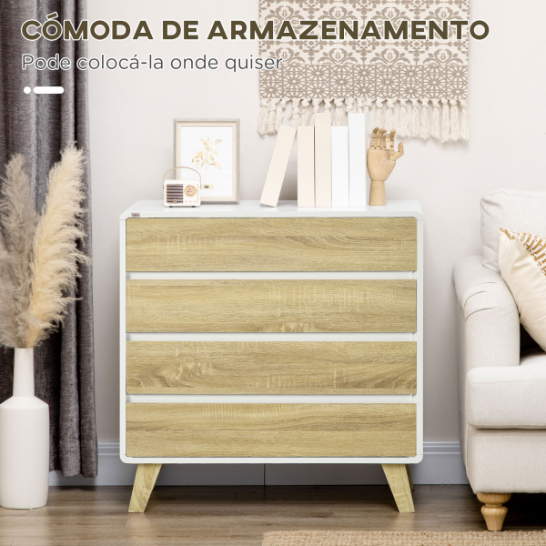 HOMCOM Cómoda com 4 Gavetas de Madeira com Pés Elevados para Sala de Estar Dormitório Escritório 80x40x79,5cm Carvalho e Branco - Image 4