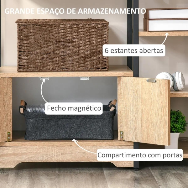 HOMCOM Estante para Livros com Múltiplas Prateleiras Abertas e 1 Armário com Porta Dupla Estante de Armazenamento para Escritório Sala de Estar 80x35x97cm Madeira Natural - Image 4