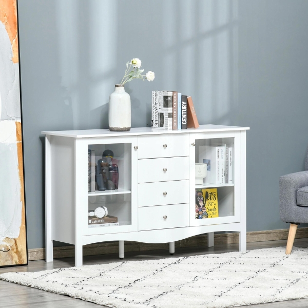 HOMCOM Aparador de Cozinha Armário Buffet com 2 Armários Porta de Vidro Prateleira Interior Ajustável e 4 Gavetas para Sala de Jantar Sala de Estar 136x45x85cm Branco - Image 2