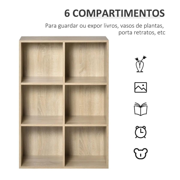 HOMCOM Estante para Livros Estante de Madeira de 3 Níveis com 6 Compartimentos de Armazenamento65,5x30x97,5cm Carvalho - Image 4