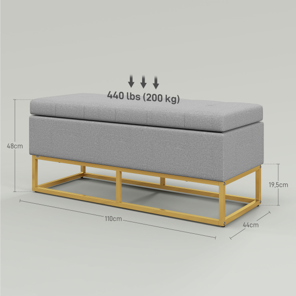 HOMCOM Banco de Armazenamento Retangular Estofado em Linho com Pés de Aço para Sala de Estar Dormitório 110x44x48 cm Cinza - Image 3