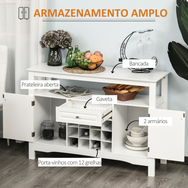 HOMCOM Aparador de Cozinha com 1 Gaveta 1 Prateleira Aberta 2 Portas e Suporte para 12 Garrafas 116,5x40x82,5 cm Branco - Image 4