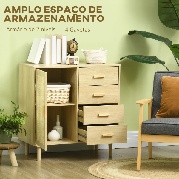 HOMCOM Aparador Sala de Estar Estilo Cannage com Porta de Vime 4 Gavetas e Pés de Madeira de Pinho 80x38x80,5 cm Madeira - Image 4