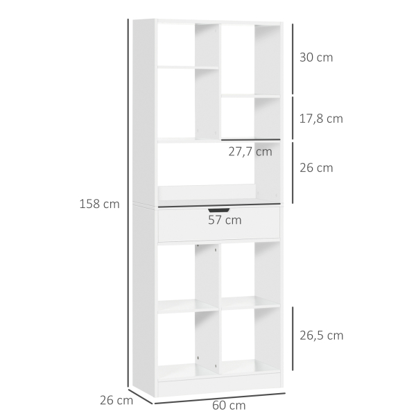 HOMCOM Estante de Madeira Estante para Livros com 1 Gaveta e 9 Compartimentos de Armazenamento 60x26x158cm Branco - Image 3