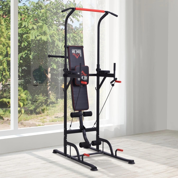 HOMCOM Estação de Musculação Multifuncional Torre de Treinamento com Altura Ajustável com Banco Dobrável Barra de Elevação para Fitness 220x98x181-229cm Preto - Image 2