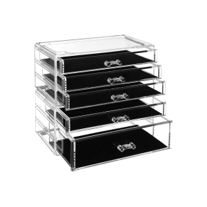 Organizador de maquiagem SONGMICS, caixas de armazenamento de 2 peças para joias e cosméticos, empilháveis, com 5 gavetas, poliestireno transparente JMU32TP