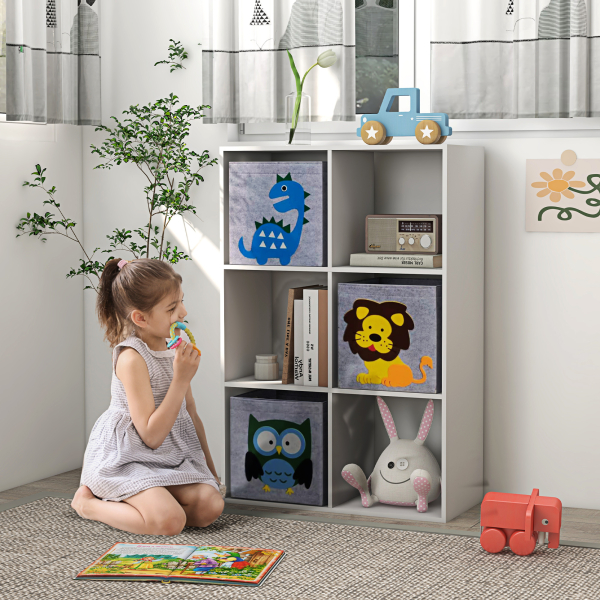 ZONEKIZ Estante para Brinquedos com 6 Compartimentos e 3 Caixas de Tecido não Tecido e Desenho de Animais 61,8x29,9x91,5 cm Branco e Cinza - Image 2