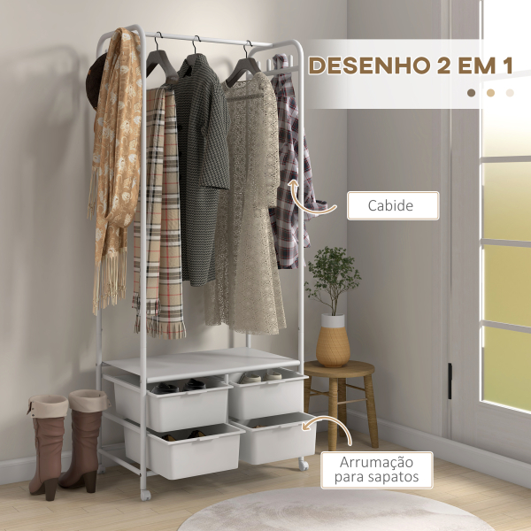 HOMCOM Charriot Moderno 8 Ganchos e 4 Cestos para Armazenamento Charriot com Rodas e Estrutura de Aço 63x37x153 cm Branco - Image 4