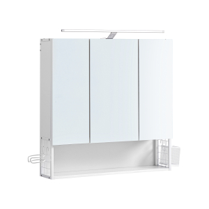 Armário de parede VASAGLE com espelho, armário de banheiro com lâmpada LED, com cabo, armário de 3 portas, prateleira ajustável, suporte para secador de cabelo, vaso, moderno e chique, branco BBK124W14