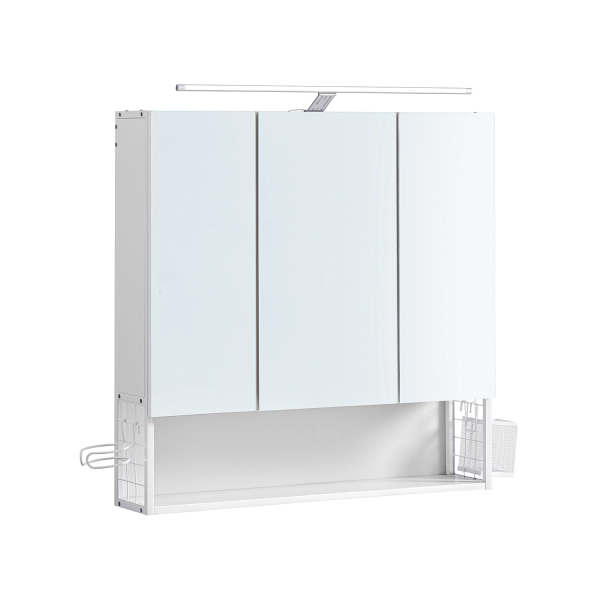 Armário de parede VASAGLE com espelho, armário de banheiro com lâmpada LED, com cabo, armário de 3 portas, prateleira ajustável, suporte para secador de cabelo, vaso, moderno e chique, branco BBK124W14