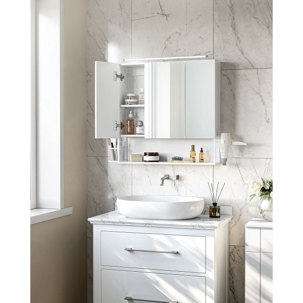 Armário de parede VASAGLE com espelho, armário de banheiro com lâmpada LED, com cabo, armário de 3 portas, prateleira ajustável, suporte para secador de cabelo, vaso, moderno e chique, branco BBK124W14 - Image 2
