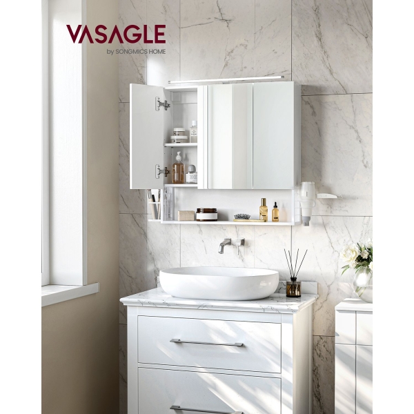 Armário de parede VASAGLE com espelho, armário de banheiro com lâmpada LED, com cabo, armário de 3 portas, prateleira ajustável, suporte para secador de cabelo, vaso, moderno e chique, branco BBK124W14 - Image 3