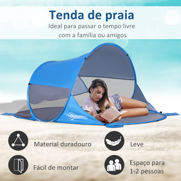 Outsunny Tenda de Praia Dobrável Pop-Up para 1-2 Pessoas com 1 Porta 2 Janelas e Bolsa de Transporte 200x120x90 cm Azul - Image 4