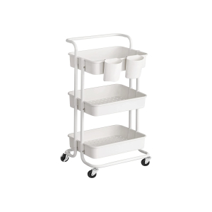 SONGMICS BSC067W01 Carrinho de cozinha com 3 níveis e alça, 2 compartimentos pequenos para pendurar, 2 freios, compartimentos de armazenamento de plástico, fácil montagem, quarto, lavanderia, branco
