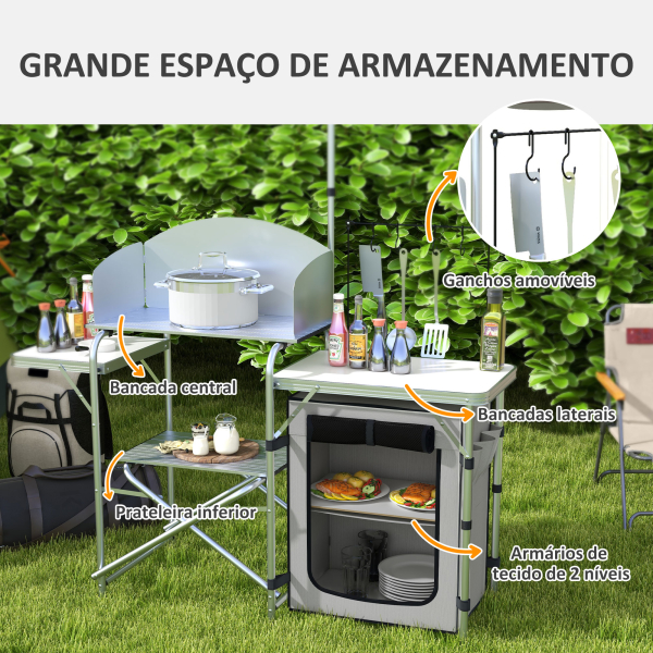Outsunny Móvel de Cozinha para Campismo Dobrável com Mesas Estante Suporte de Luz e Ganchos 144x48x119 cm Prata e Cinza Claro - Image 4