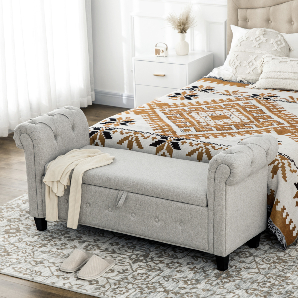 HOMCOM Banco de Pé de Cama de Linho com Dobradiças na Tampa Pés de Madeira e Apoio para os Braços 146,5x49x74,5cm Cinza Claro - Image 2