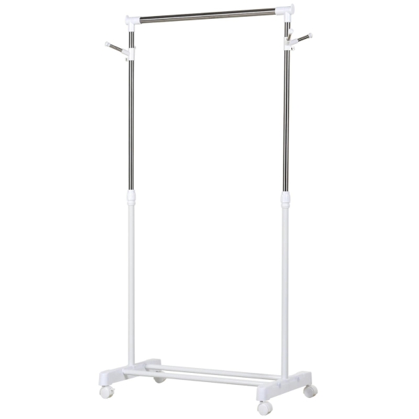 HOMCOM Charriot com Altura Ajustável Cabide com Rodas Portátil Prateleira Inferior Aço 68,5x42x87-145cm Branco e Prata