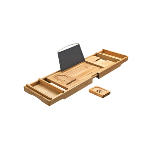 SONGMICS BCB88Y Prateleira extensível de bambu para banheiro com bebida, suporte para livros e porta-sabonete 75-109 x 4,5 x 23 cm (L x A x P), natural, (75-109) x 4,5 x 23 cm