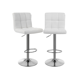Conjunto de 2 bancos de bar ou cozinha SONGMICS em couro sintético, ajustáveis ​​e giratórios 360°, com encosto e apoio para os pés, estrutura de aço cromado, branco LJB64W