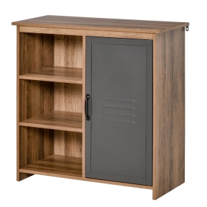 HOMCOM Aparador com Porta de Metal Móvel Auxiliar com 3 Prateleiras Abertas e Armário com Porta e Prateleira Ajustável 80x35x82cm Madeira Natural