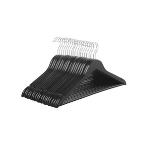 Cabides de madeira SONGMICS, conjunto de 20, cabides para casacos, cabides para roupas, com entalhes nos ombros, barra antiderrapante para calças, gancho giratório 360°, para ternos, camisas, casacos, preto e prata CRW02B-20