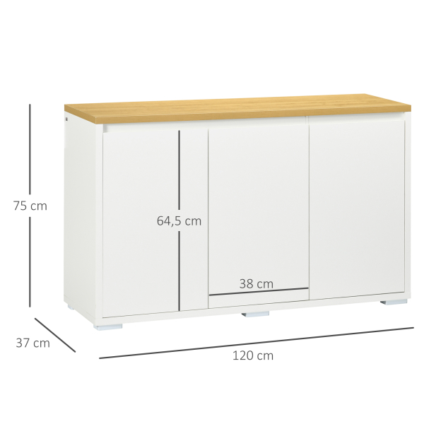 HOMCOM Aparador de Sala de Estar Armário de Armazenamento com 3 Portas e Prateleiras Ajustáveis 120x37x75 cm Branco e Madeira - Image 3