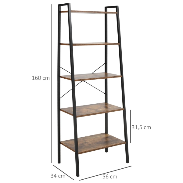 HOMCOM Estante de Estilo Industrial em Forma de Escada com 5 Prateleiras com Estrutura de Metal para Sala de Estar Dormitório Cozinha Escritório 56x34x160cm Marrom Rústico - Image 3