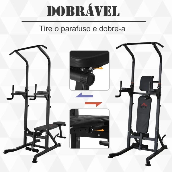 HOMCOM Estação de Musculação Torre de Treinamento Altura Ajustável com Barra de Flexões e Banco Dobrável para Fitness em Casa Academia Carga 150kg 99x178x230cm Preto - Image 4