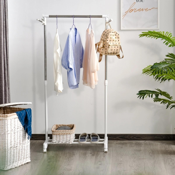 HOMCOM Charriot com Altura Ajustável Cabide com Rodas Portátil Prateleira Inferior Aço 68,5x42x87-145cm Branco e Prata - Image 2