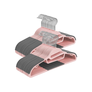 Pacote com 50 cabides SONGMICS, cabides de plástico de alta qualidade para ternos, resistentes, abertura em S, antiderrapantes, duráveis, 0,5 cm de espessura, economizam espaço, gancho giratório 360º, rosa e cinza escuro CRP041P02