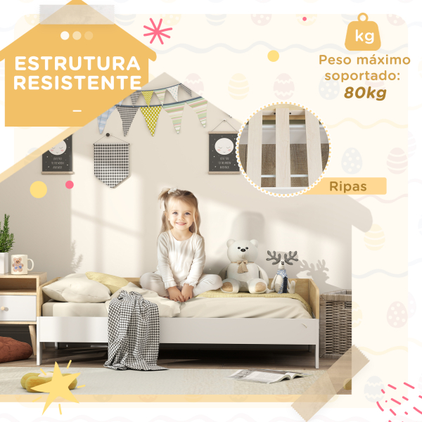 AIYAPLAY Cama para Crianças acima de 3 Anos 143,5x74x40 cm Cama de Madeira para Crianças Carga 80 kg para Dormitório Branco e Madeira - Image 4
