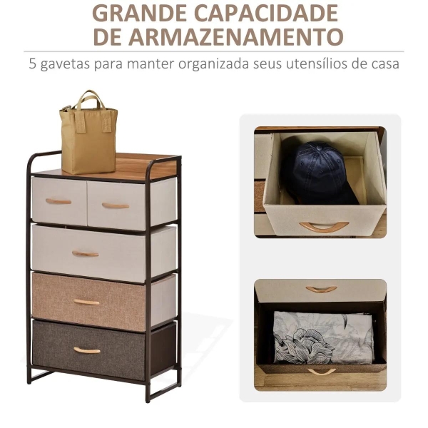 HOMCOM Cómoda de Tecido com 5 Cestos Removíveis e Dobráveis Base Elevada Móvel de Armazenamento para Dormitório Sala de Estar 58x29x99cm Multicor - Image 4
