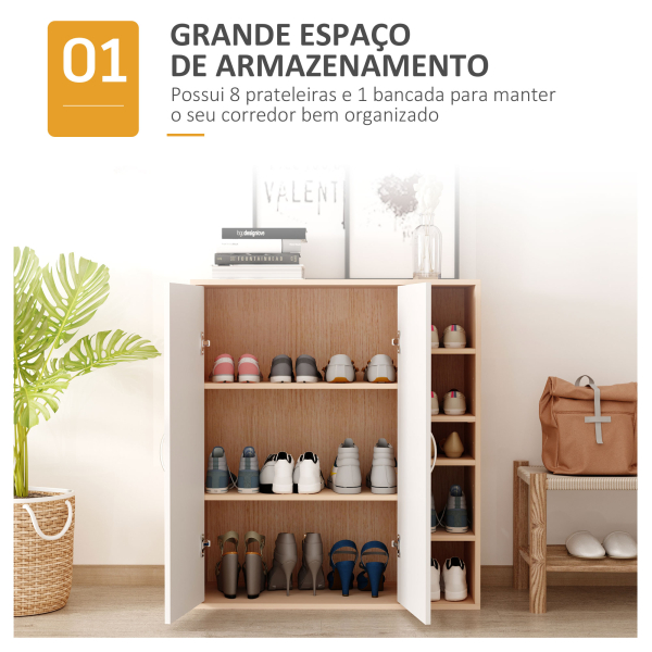 HOMCOM Sapateira com 2 Portas Prateleiras Interiores e 5 Prateleiras Exteriores com Altura Ajustável 80x32x91 cm Branco e Madeira - Image 4